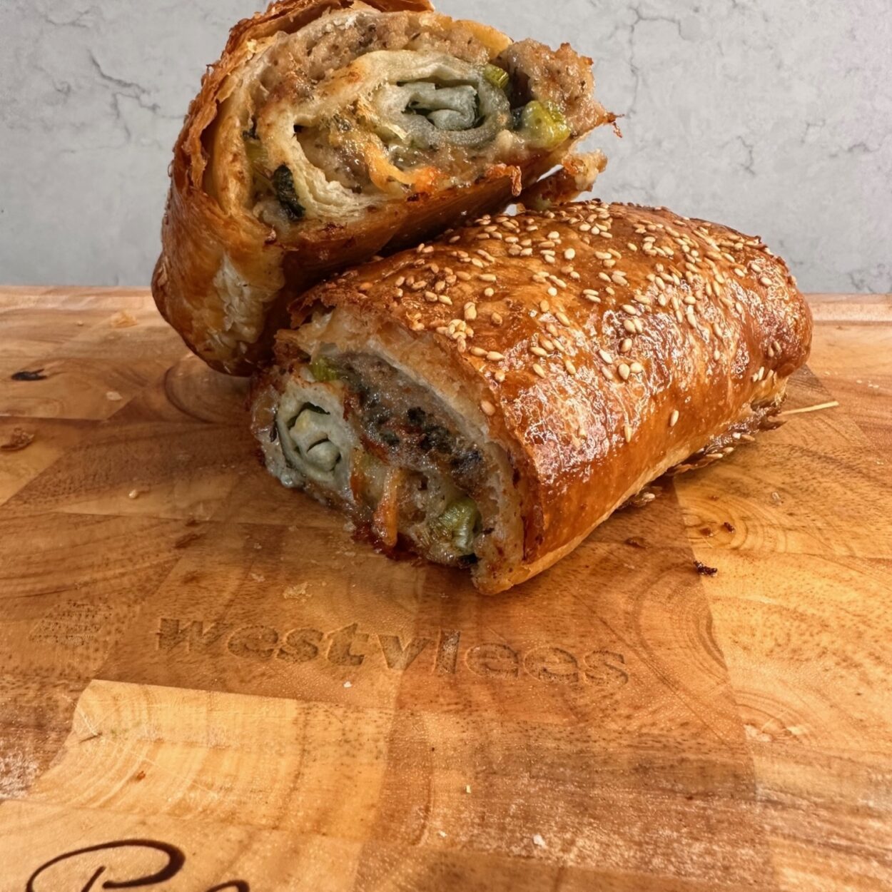 Recipe Korkers sausage and Kingcott Dairy blue cheese in puff pastry