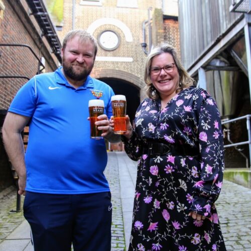 Mike Juden from Faversham Strike Force FC with Moray Neame at Shepherd Neames brewery