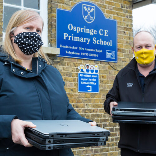 Shepherd Neame Service Support Analyst Richard Hazell with Ospringe Primary Head Teacher Amanda Ralph